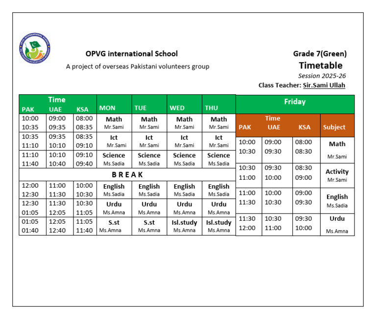 Grade 7 (Green) Timetable 2025-26 | PDF