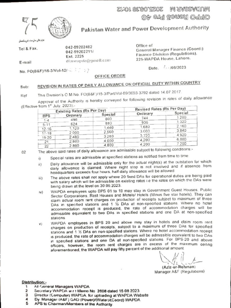 WAPDA Revised Rates of Daily and Travel | PDF
