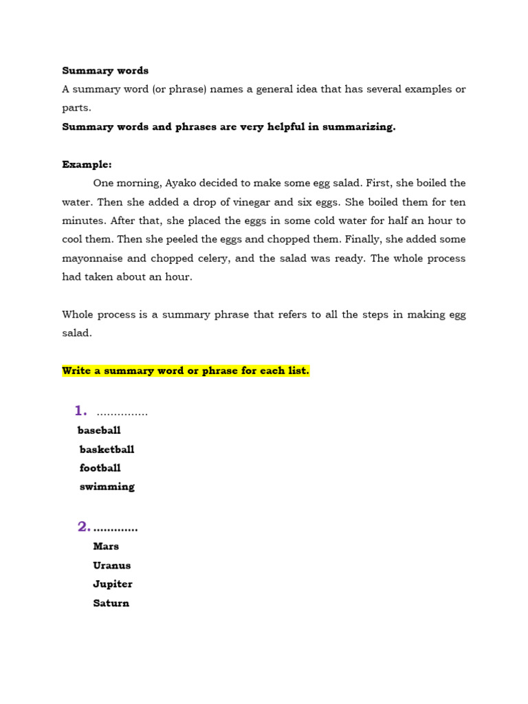 Summary Words and Phrases Guide | PDF