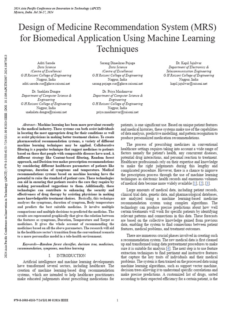 Machine Learning for Medicine Recommendations | PDF | Machine Learning ...