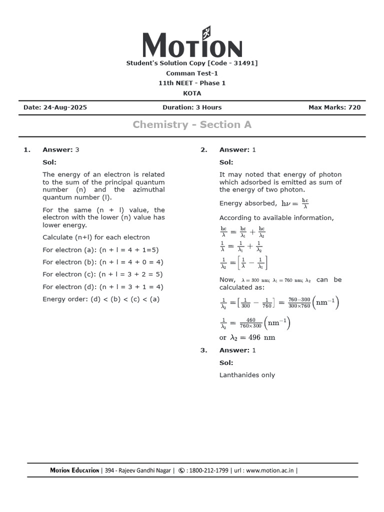 Solution CMT 1 11th 24 08 2025 | PDF | Atomic Orbital | Electron