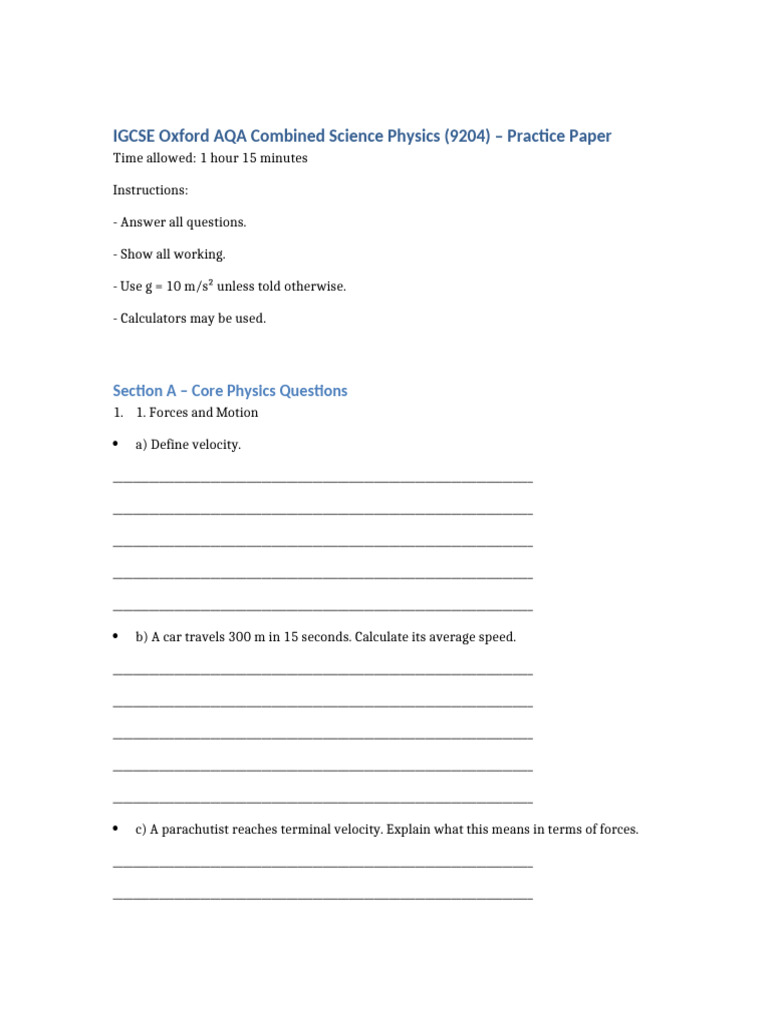 IGCSE Physics Practice Paper 9204 | PDF | Waves | Atoms