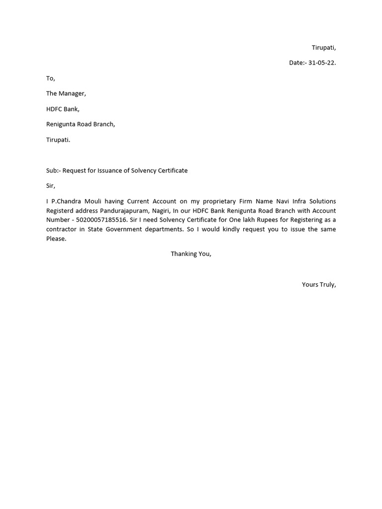 Request for HDFC Solvency Certificate | PDF