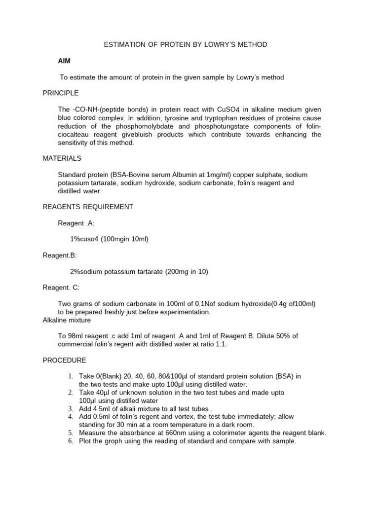 Protein Estimation Using Lowry Method | PDF | Sodium | Proteins