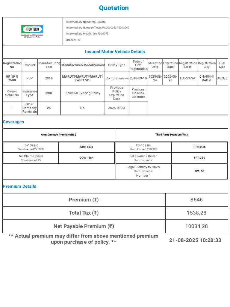 Motor Insurance Quotation Details | PDF | Vehicles