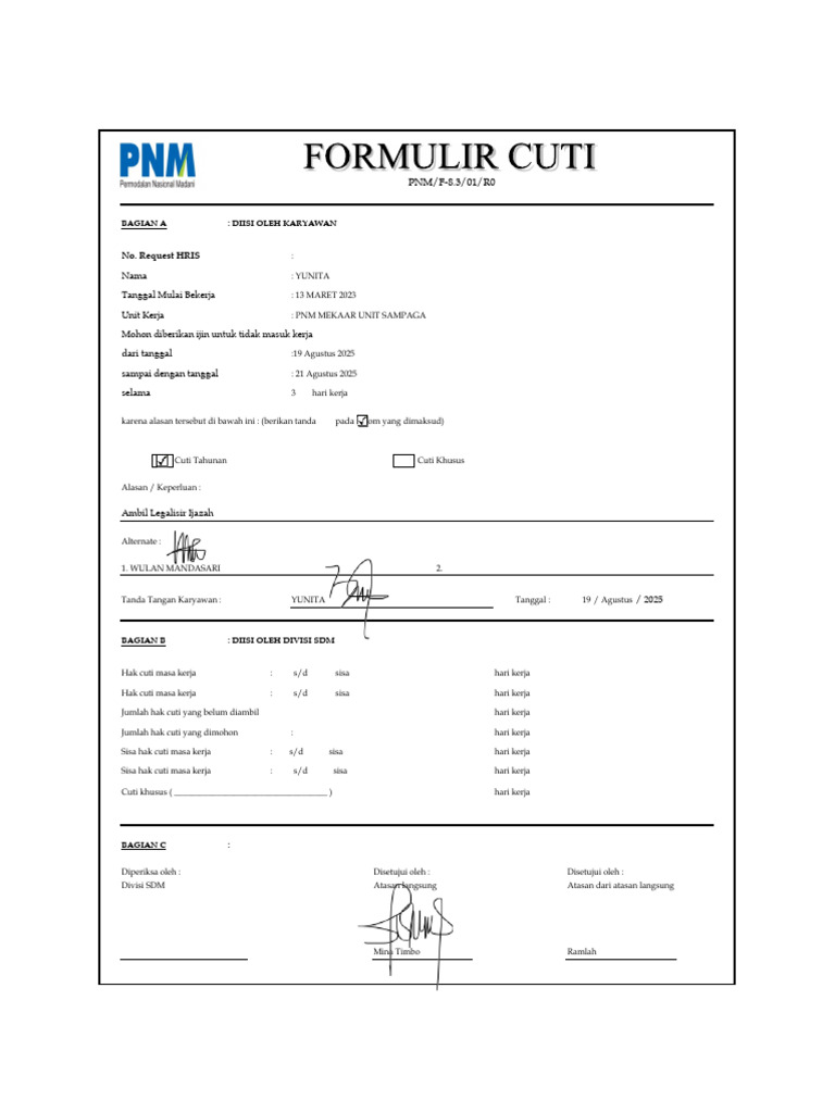 Formulir Pengajuan Cuti Karyawan | PDF