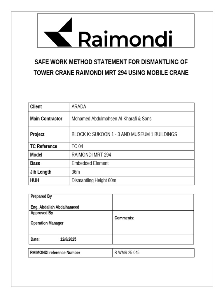 Tower Crane Dismantling Method Statement | PDF | Crane (Machine ...