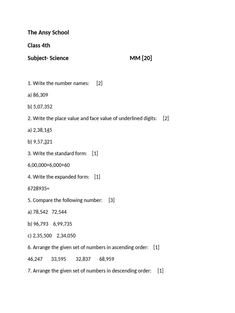 Class 4 Science Number Concepts | PDF