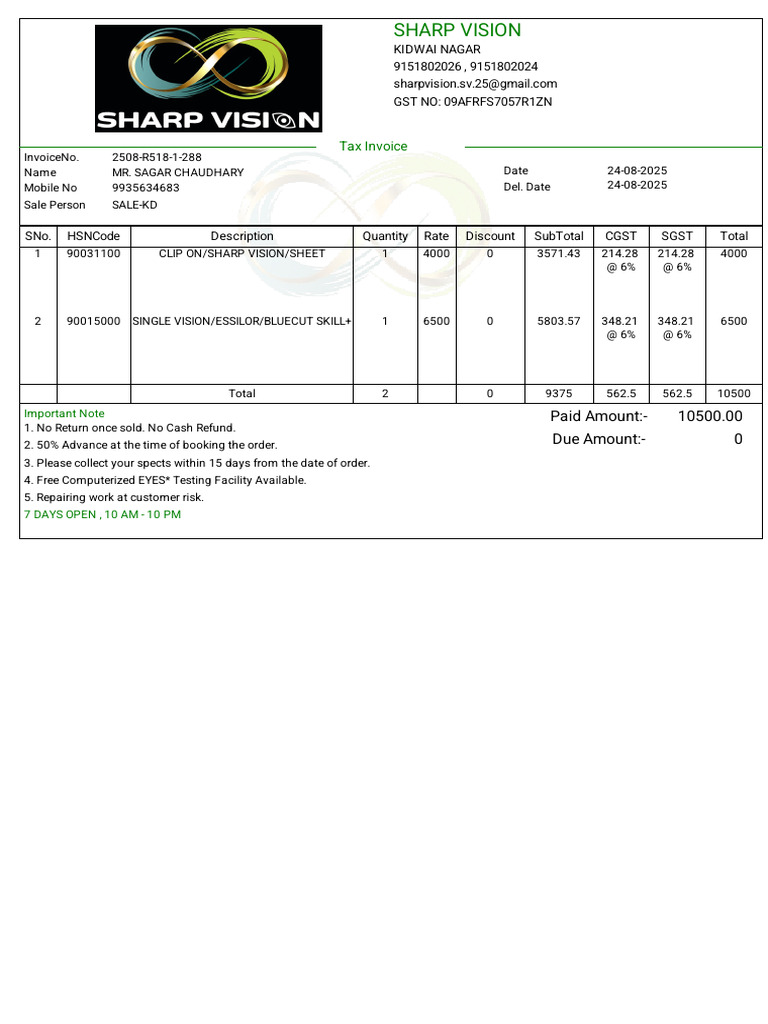 Sharp Vision Invoice - Kidwai Nagar | PDF