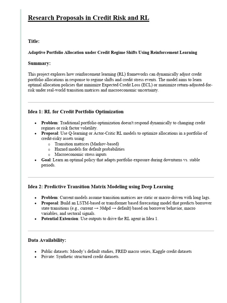 Research Proposals in Credit Risk and RL | PDF