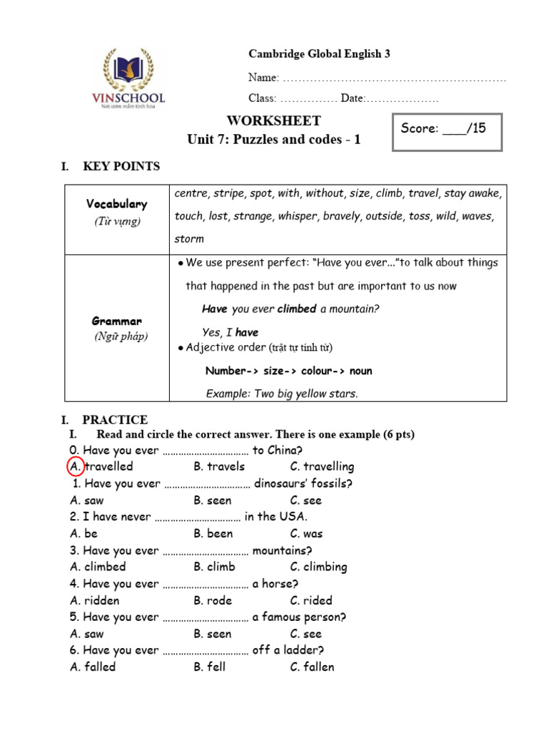 Cambridge Global English 3: Unit 7 Worksheet | PDF | Camping | Tent