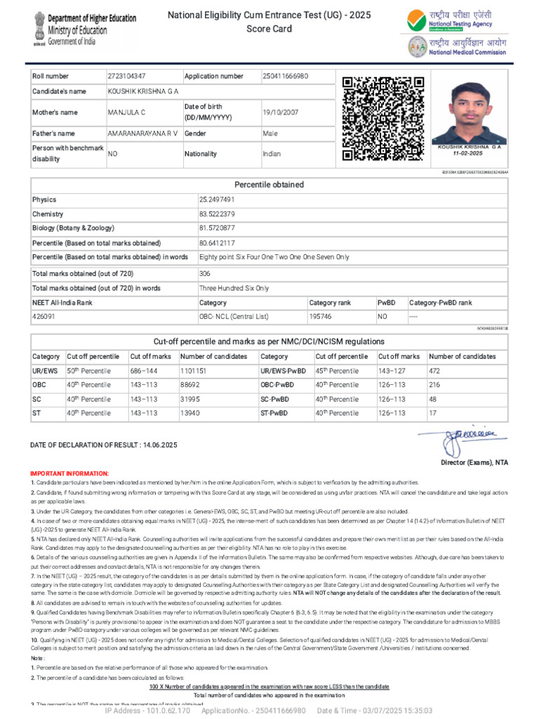 NEET UG 2025 Score Card Details | PDF | Higher Education | Student ...