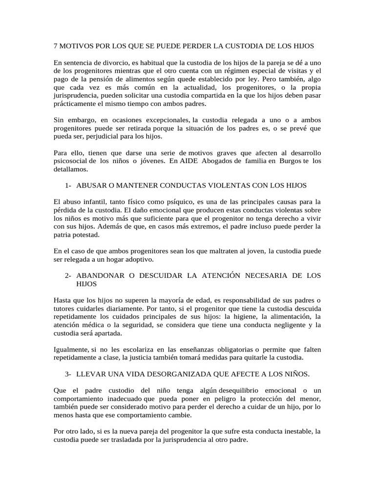 7 Motivos Por Los Que Se Puede Perder La Custodia de Los Hijos | PDF ...