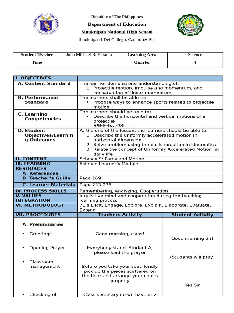 LP 7es- Grade 9 Day 1 | PDF | Acceleration | Velocity