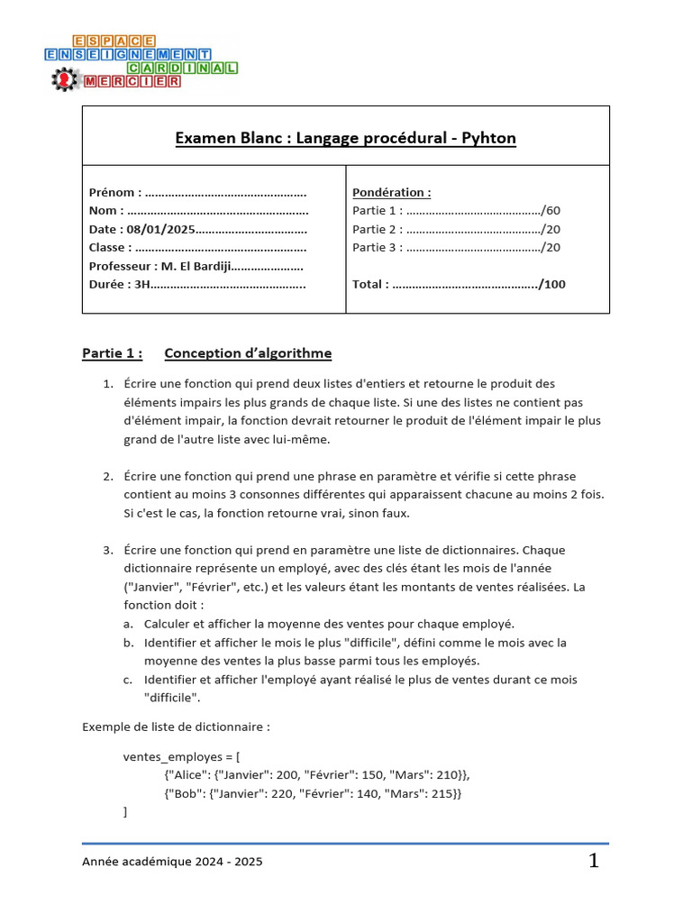 Examen Blanc Python : Langage Procédural | PDF | Python (Langage de ...