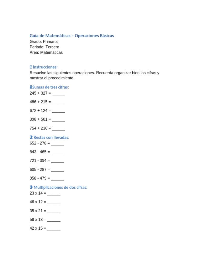 Operaciones Básicas para Tercero de Primaria | PDF