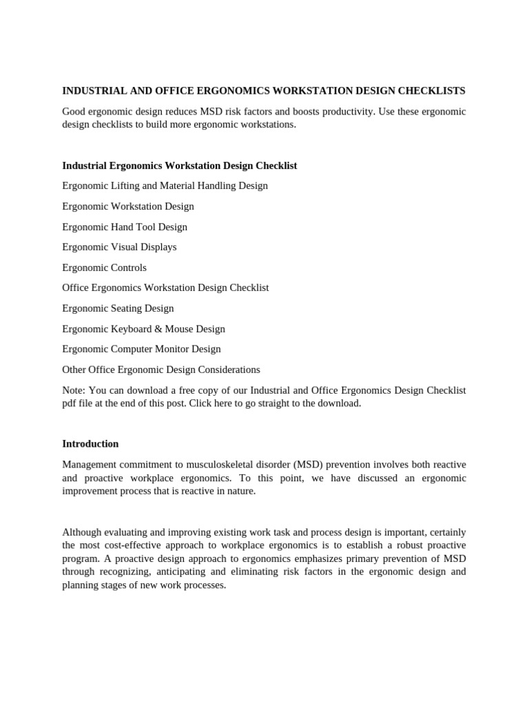 Ergonomic Workstation Design Checklists | PDF