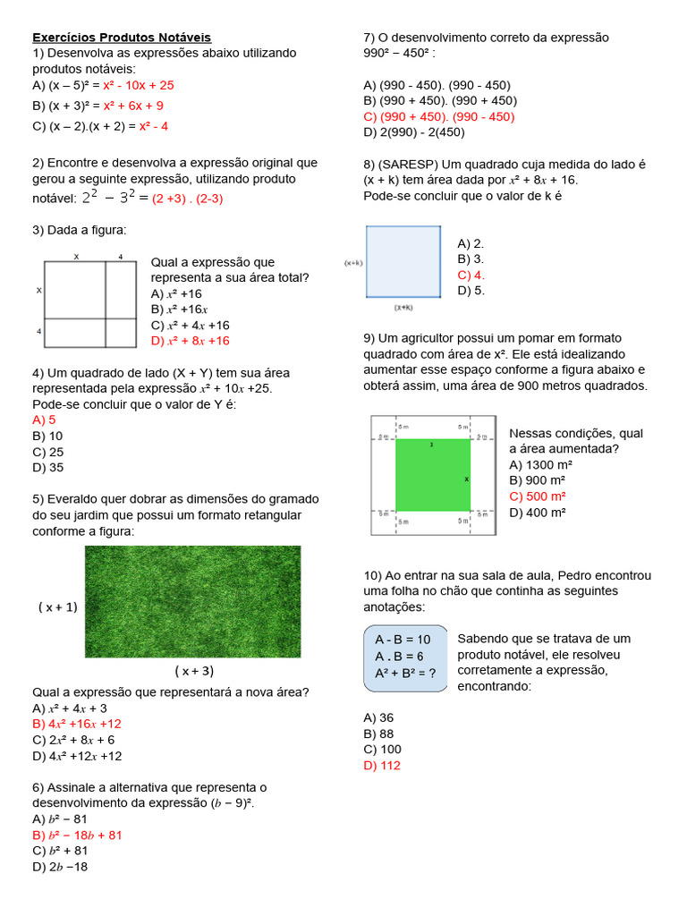 Exercícios sobre Produtos Notáveis | PDF