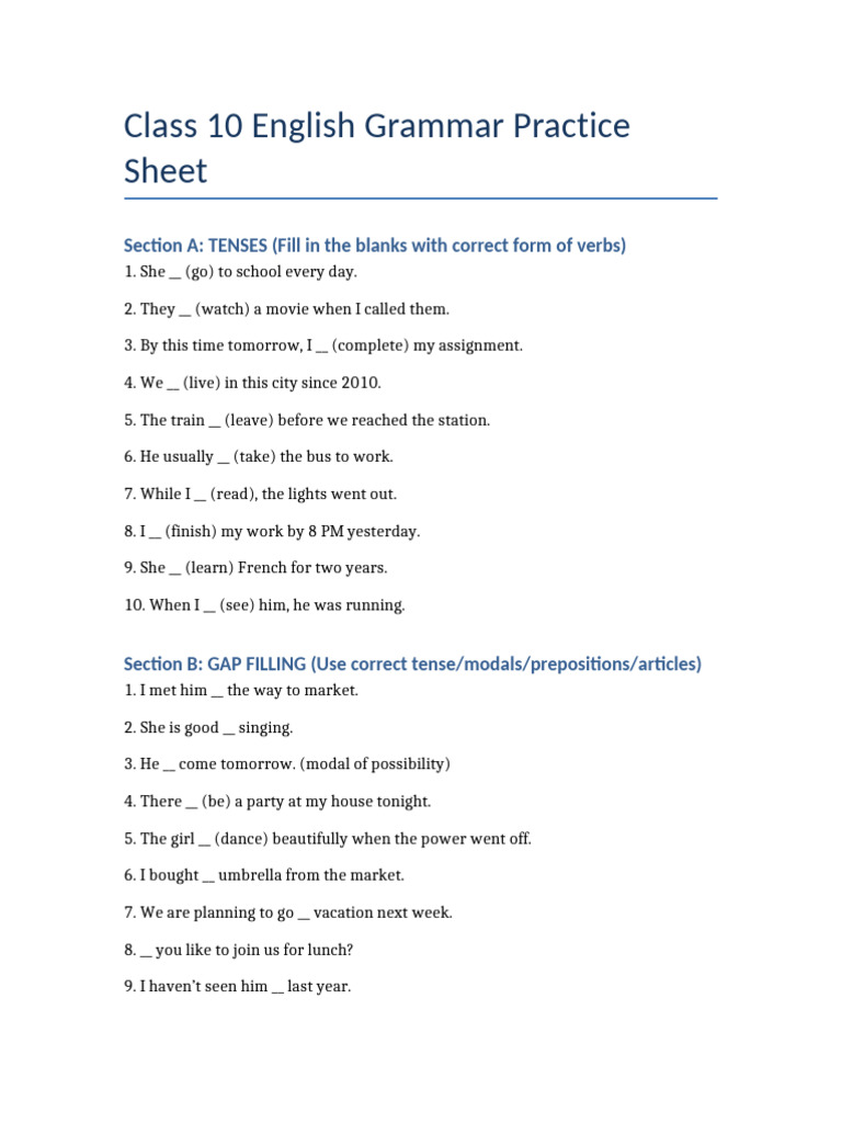 Class 10 English Grammar Practice Sheet | PDF