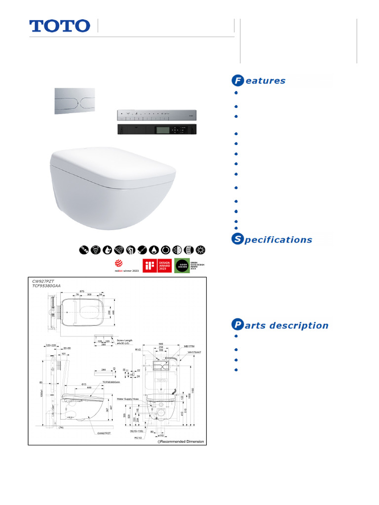 Cw927pzt Tcf95380gaa Spec | PDF | Toilet | Hygiene