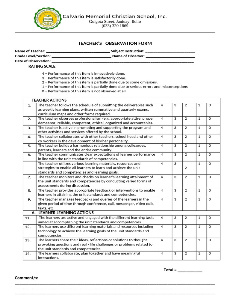 Teacher Observation Form Template | PDF | Teachers | Learning