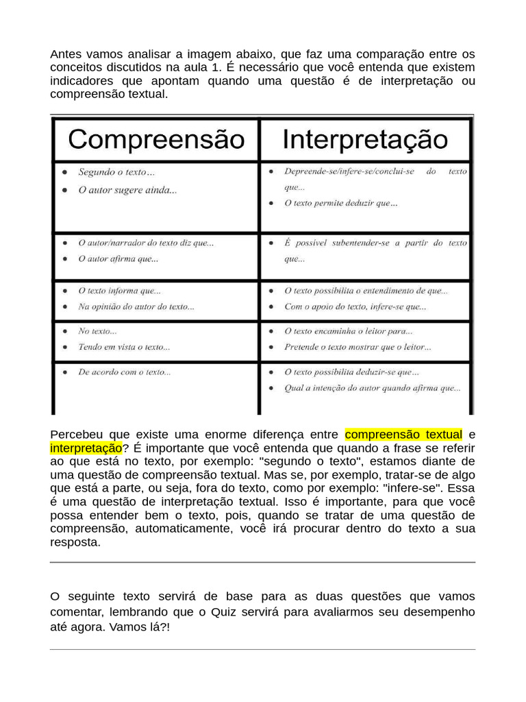 Compreensão vs Interpretação Textual | PDF | Interpretação linguística ...