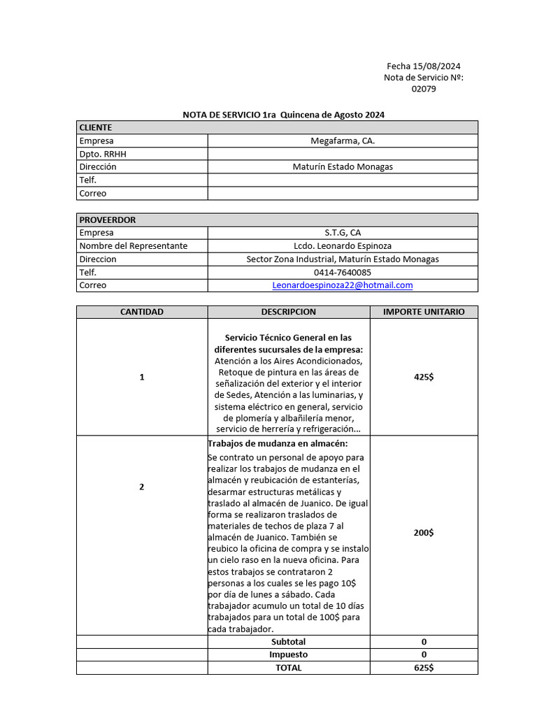 Nota de Servicio (1ra de Agosto 2024) | PDF | Electricidad