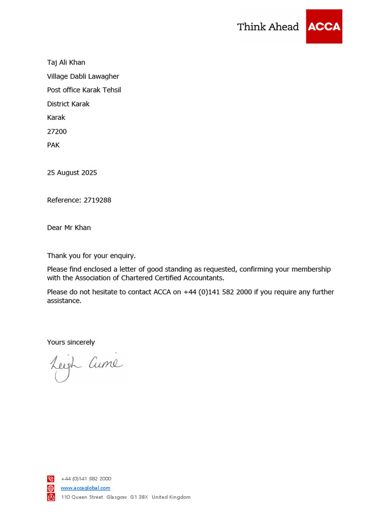ACCA Good Standing Confirmation Letter | PDF