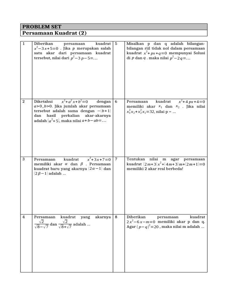 Soal Persamaan Kuadrat dan Solusinya | PDF