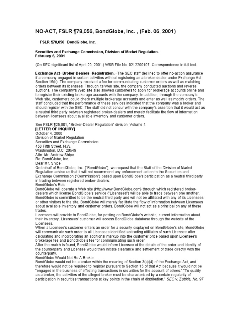 SEC No Action Letter 2601 Recites Finder Cases and Tests Broker