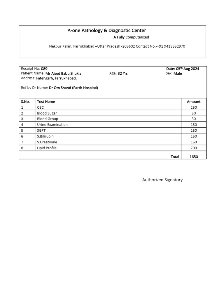 Pathology Test Receipt for Mr. Shukla | PDF