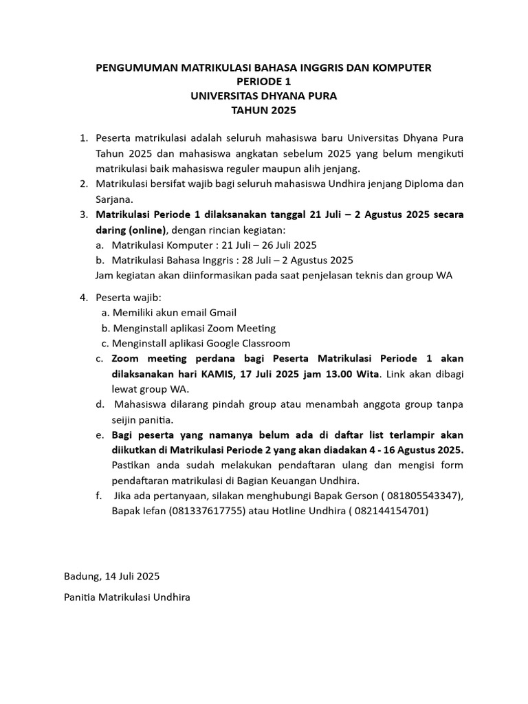 Matrikulasi Bahasa Inggris & Komputer 2025 | PDF