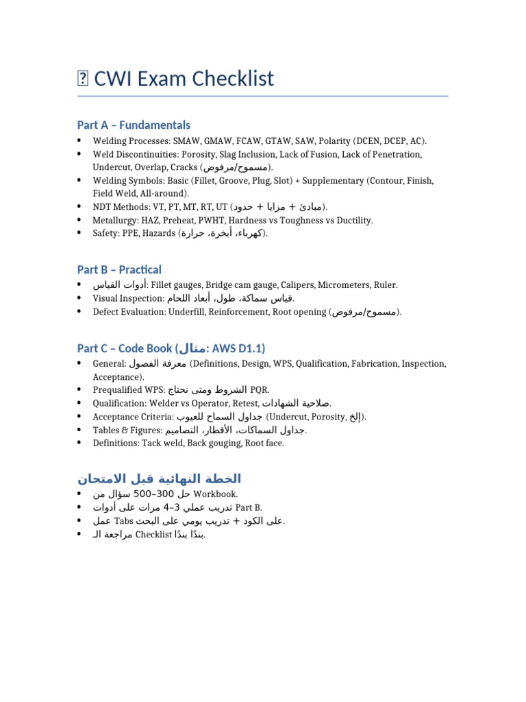 CWI Exam Checklist | PDF