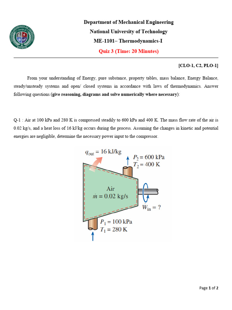 Thermodynamics Quiz: Compressor Power Calculation | PDF