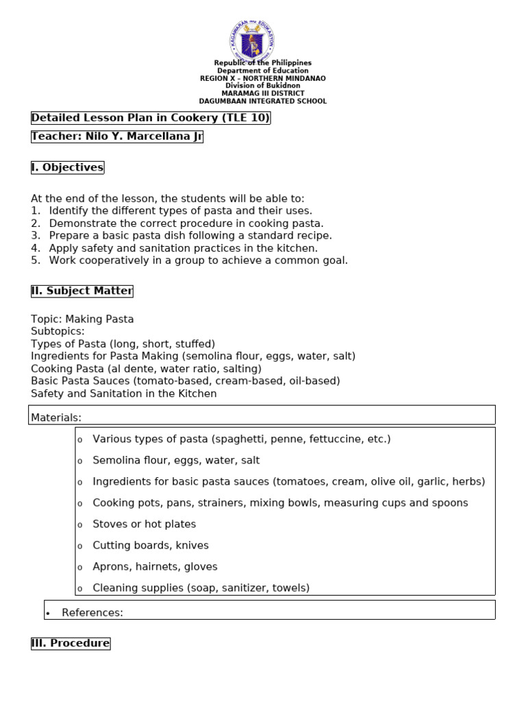 Detailed Lesson Plan: Cooking Pasta | PDF | Pasta | Sauce