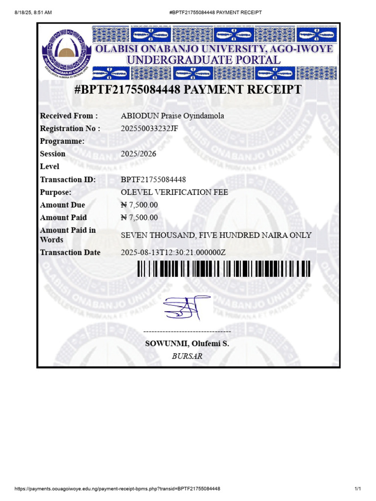 OOU O-Level Verification Fee Receipt | PDF