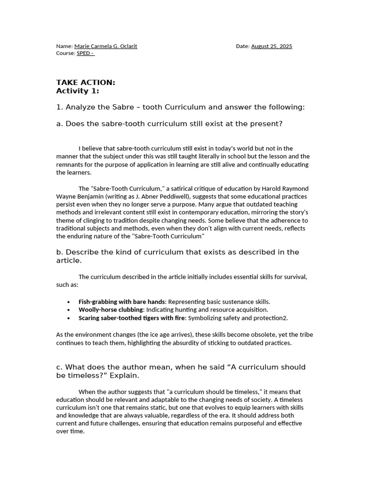 Analyzing the Sabre-Tooth Curriculum | PDF | Curriculum | Learning