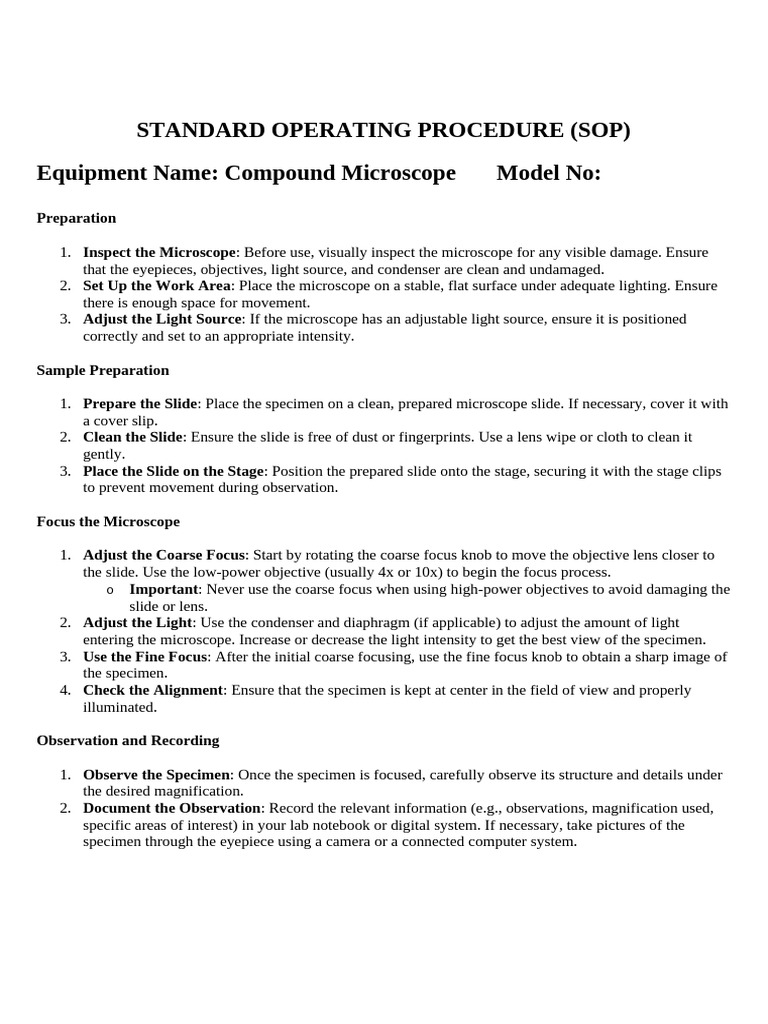 Compound Microscope SOP Guide | PDF