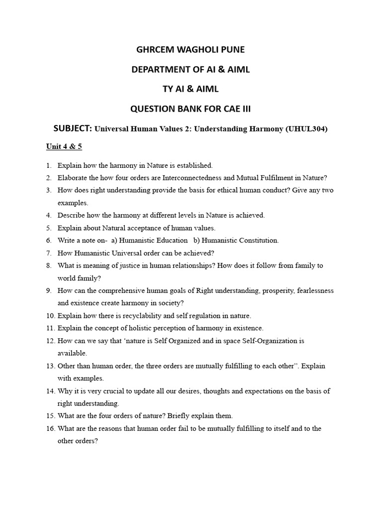 Universal Human Values Question Bank | PDF