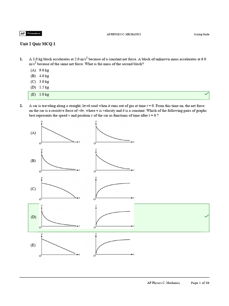 AP Physics C Mechanics Quiz Solutions | PDF | Force | Friction