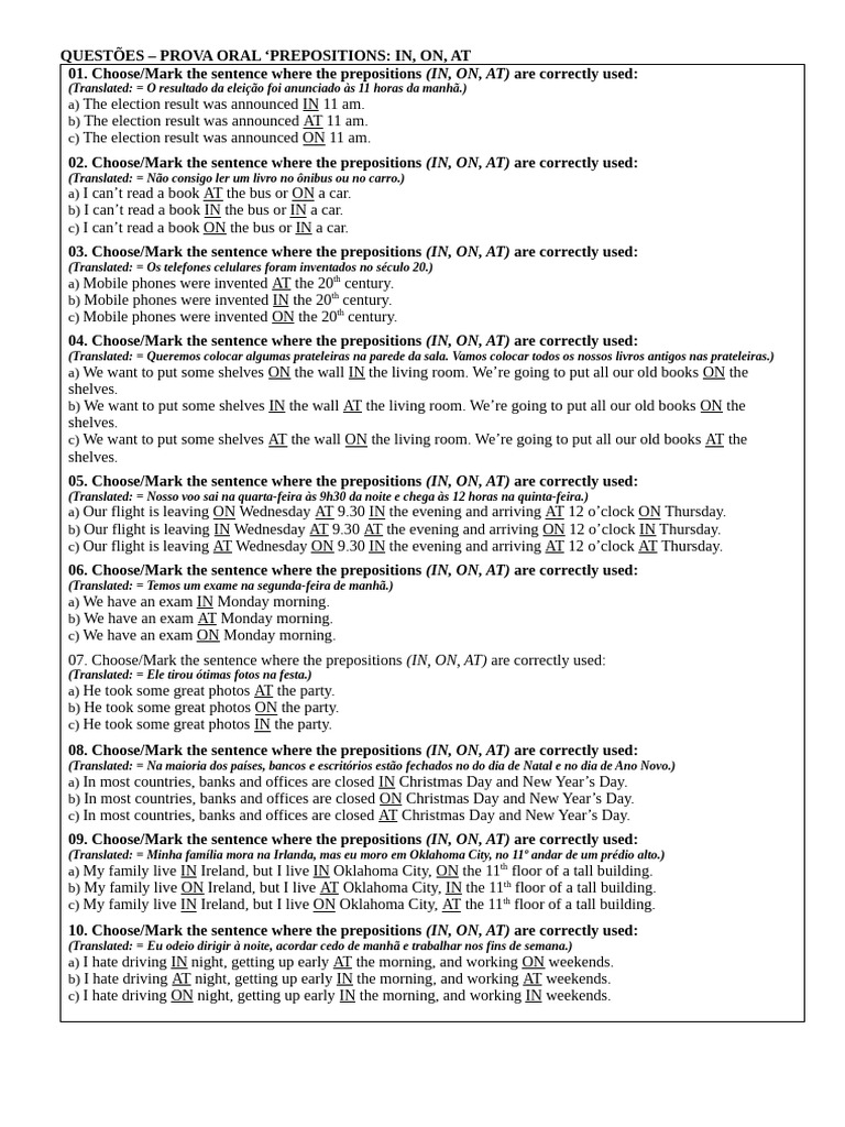 Prepositions: In, On, At Exercises | PDF