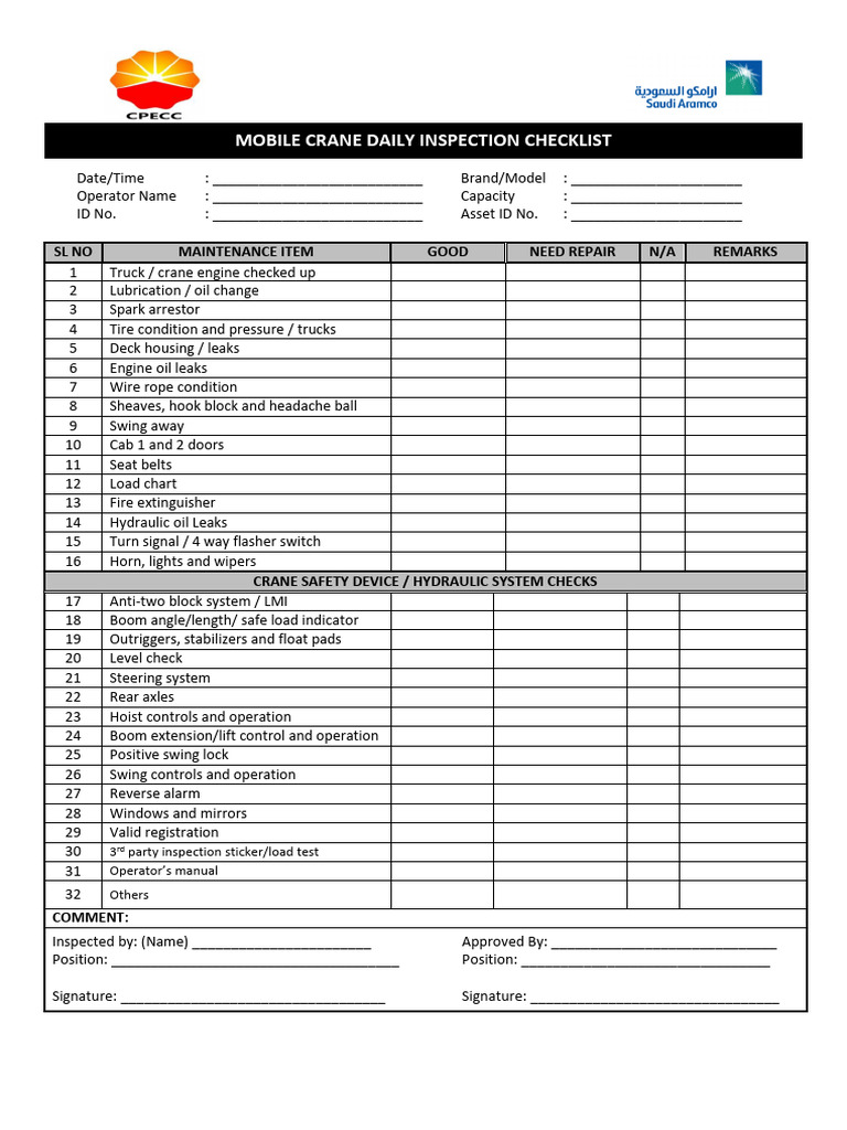 Mobile Crane Daily Inspection Checklist | PDF