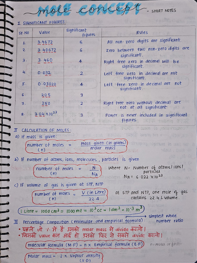 Mole Concept: Key Notes and Calculations | PDF | Mole (Unit) | Applied ...