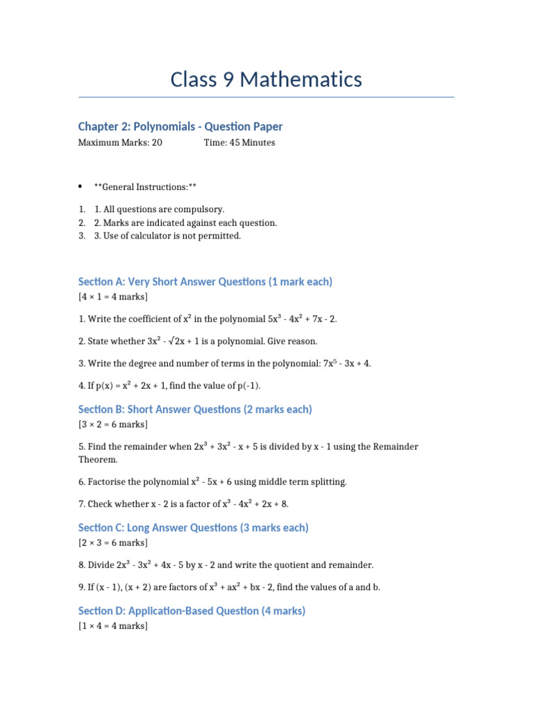 Class 9 Maths Chapter 2 Test Paper | PDF