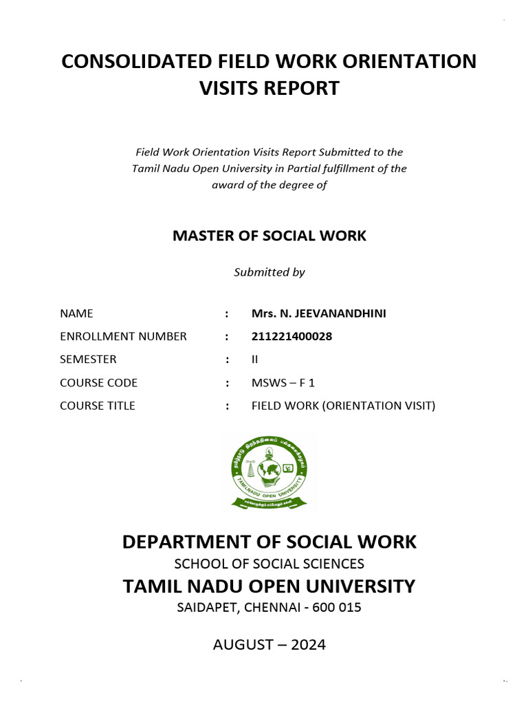 Mrs. N. JEEVANANDHINI - MSW - FIELD WORK (ORIENTATION VISIT) REPORT | PDF |  Laboratories | Sustainable Development