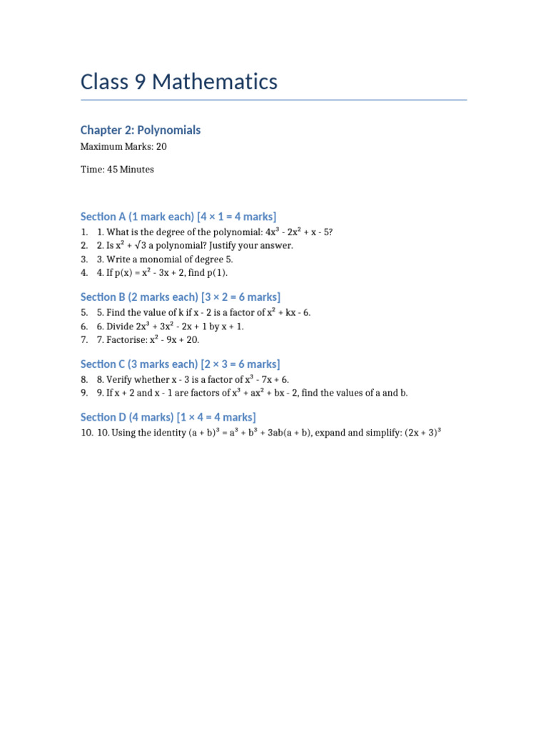 Class 9 Maths Chapter 2 Test Paper | PDF