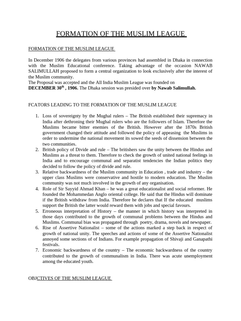 Formation of the Muslim League Explained | PDF | All India Muslim ...