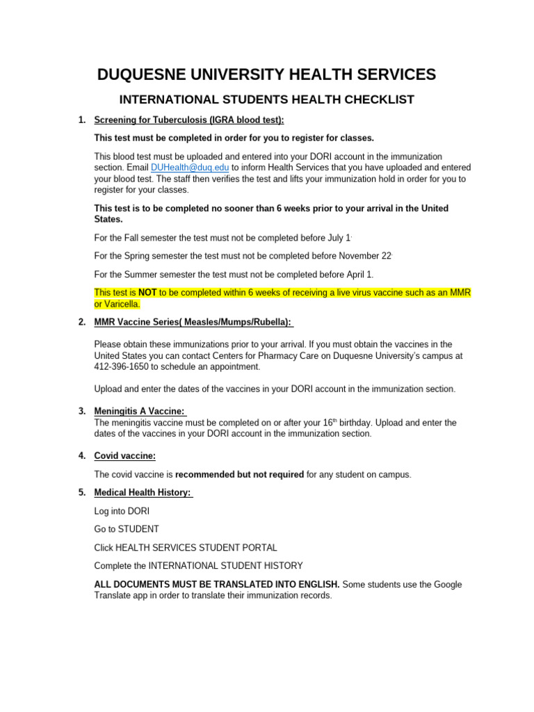Duquesne University Health Services International Immunization ...