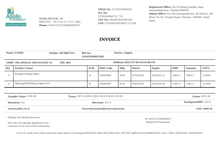 Apollo Pharmacy Invoice Details | PDF | Economy Of India | Taxation