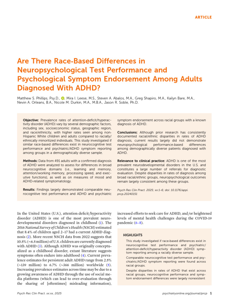 Race Differences in ADHD Outcomes | PDF | Attention Deficit ...